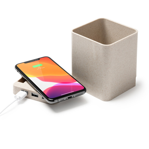 Portalápices cargador inalámbrico personalizado de fibra de trigo con base USB y soporte para smartphone