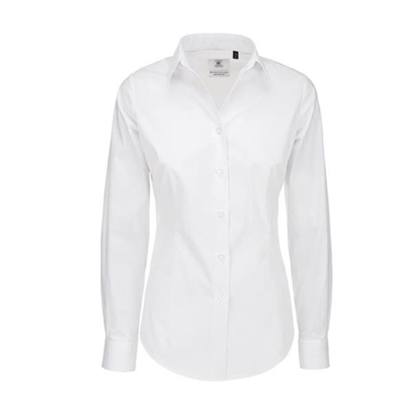 Camisa B&C Black Tie Manga Comprida Senhora - 97% Algodão Escovado/ 3% Elastano - Popeline - Branco / L