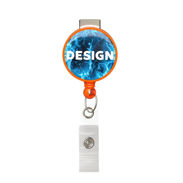 Bobina per badge retrattile di forma rotonda con logo ⌀2,8cm - Colore pieno / Arancia / Fermaglio
