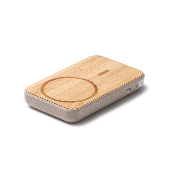 Custom bamboo and wheat fiber power bank 5000 mAh with magnetic wireless charging