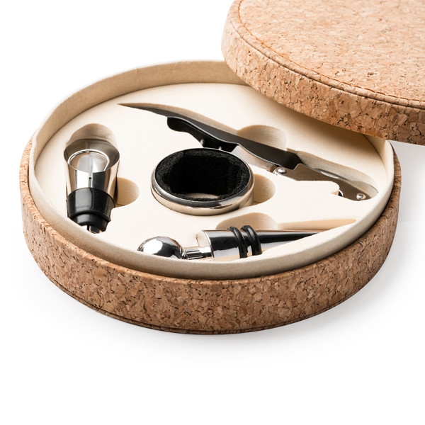 Personalised wine set in natural cork case with stainless steel accessories