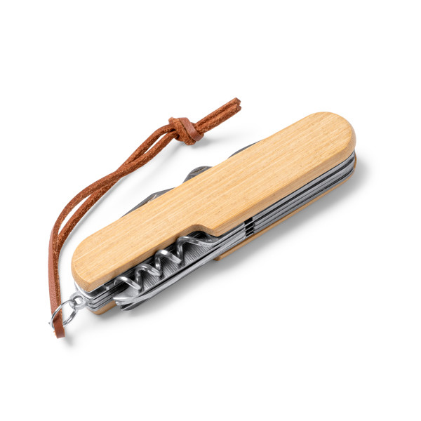 Personalized multitool pocket knife bamboo and stainless steel 9 functions with faux leather pouch