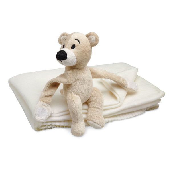 Fleece blanket with bear Manta - White