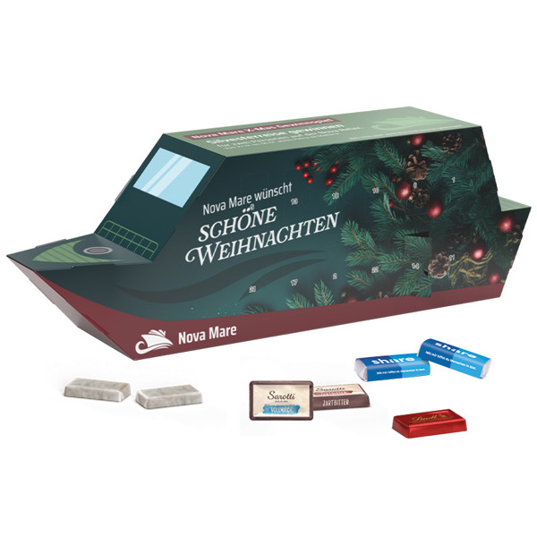 Advent calendar boat, neapolitain in glassin paper | 24 Alpine mini chocolate bars, 72 g