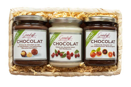 Degustačná sada čokoládových krémov: pomaranč, maliny, makadamové oriešky, 3x250g
