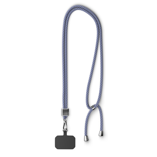 Tracolla, porta telefono con cavo bicolore alla moda in poliestere riciclato (RPET) - Azzurro scuro / Bianco / Accessori color argento