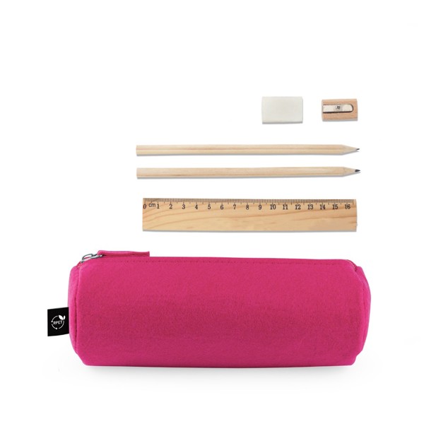NOMAD. Multi-purpose case in recycled felt (100% rPET) with ruler, pencils, rubber and sharpener - Pink