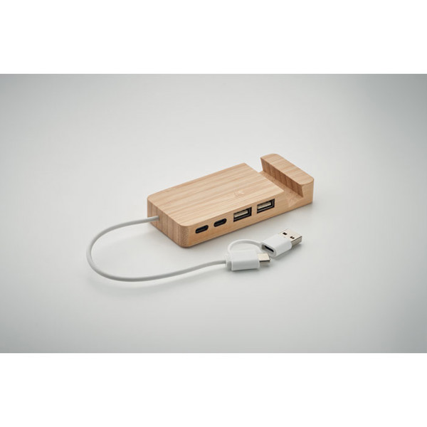 Hubstand bamboo USB hub, 4 ports, Type-C/Type-A