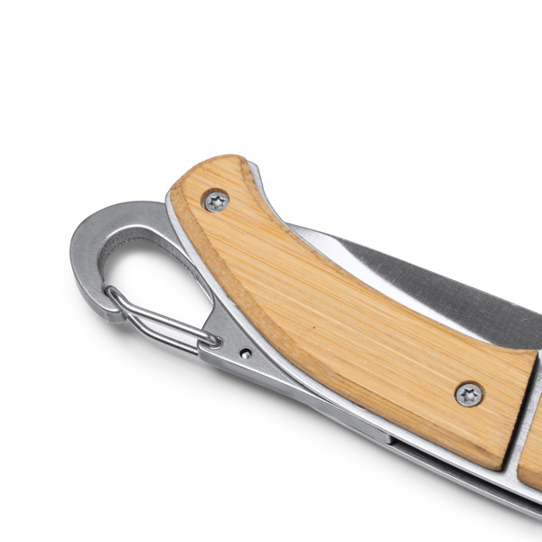 Personalised stainless steel knife with bamboo handle and carabiner