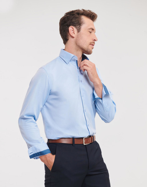 Tailored Contrast Herringbone ShirtLS - White / Silver / Convoy Grey / L