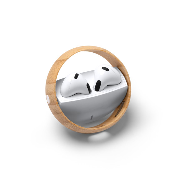 Personalized wireless earphones with recycled material case and bamboo ring