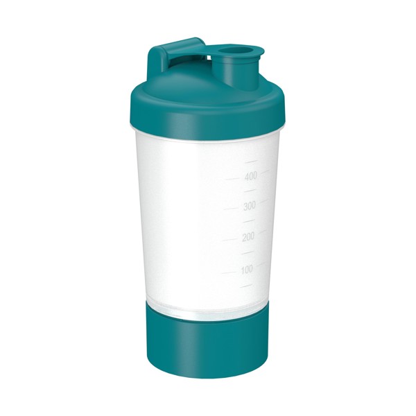 Shaker "Protein", Pro, 0.40 L, Version 1 - Transparent / Teal