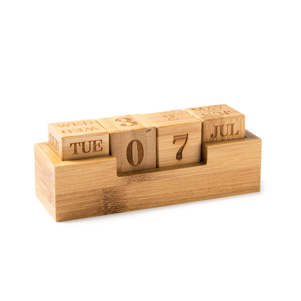 Personalised perpetual desk calendar in bamboo with four engraved blocks