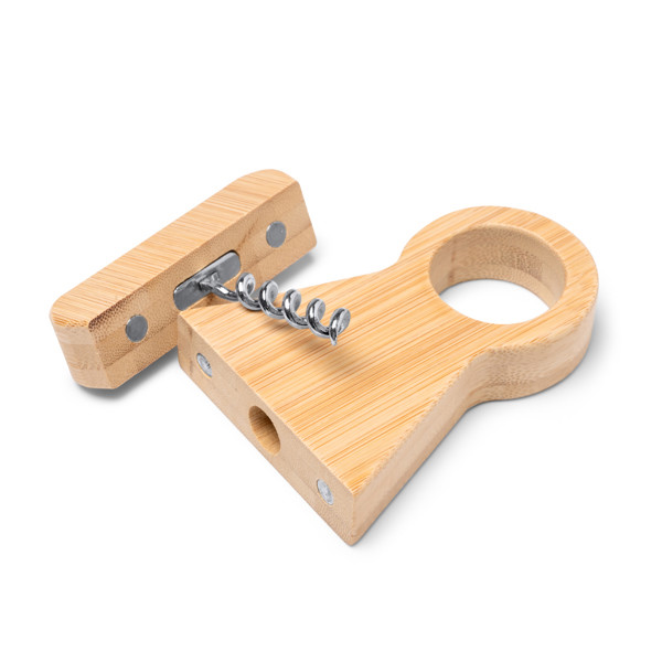 Personalised bamboo corkscrew with bottle holder
