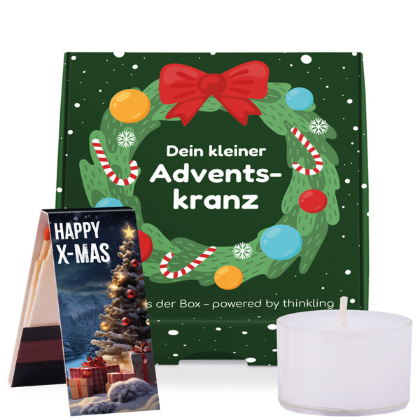Klappbox S, Teelicht-Adventskranz & Streichhölzer | 4 Teelichter und 1 Streichholzbriefchen, Weihnachtsmotiv, 90 g