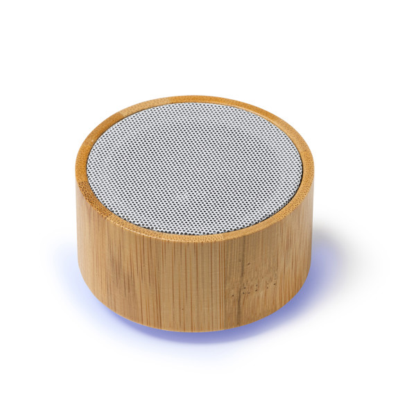 Altavoz Bluetooth personalizado de bambú y ABS redondo 3W con función manos libres