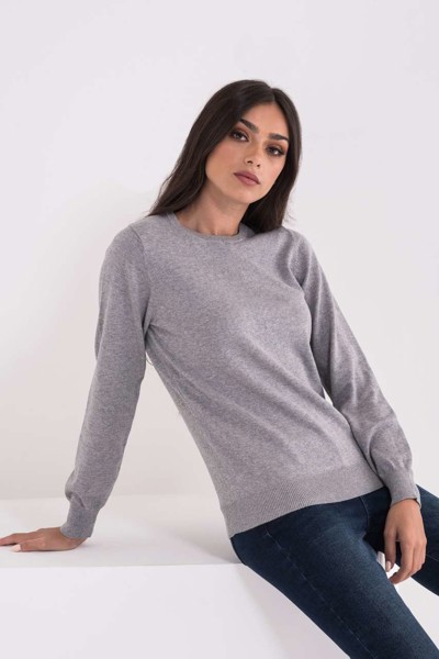 Ladies’ Crew Neck Fine Gauge Cotton Pullover - Light Melange Grey / L