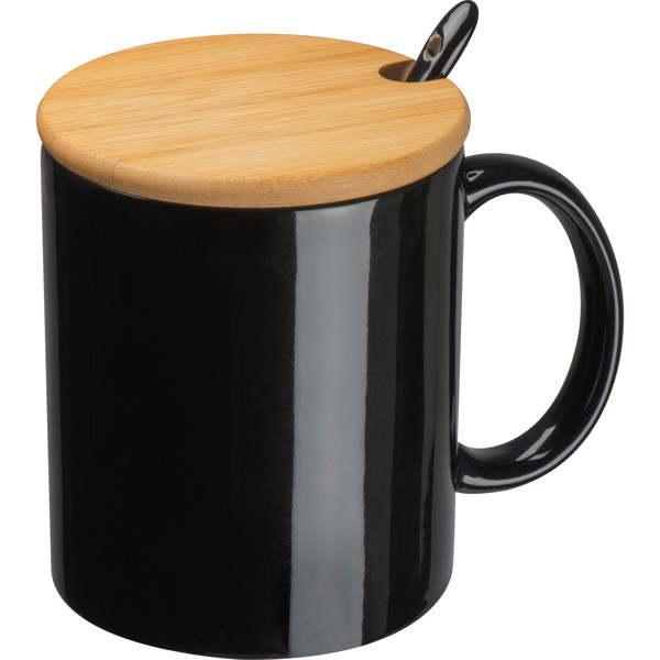 Ceramic mug with spoon and bamboo lid LOTHAR - Black