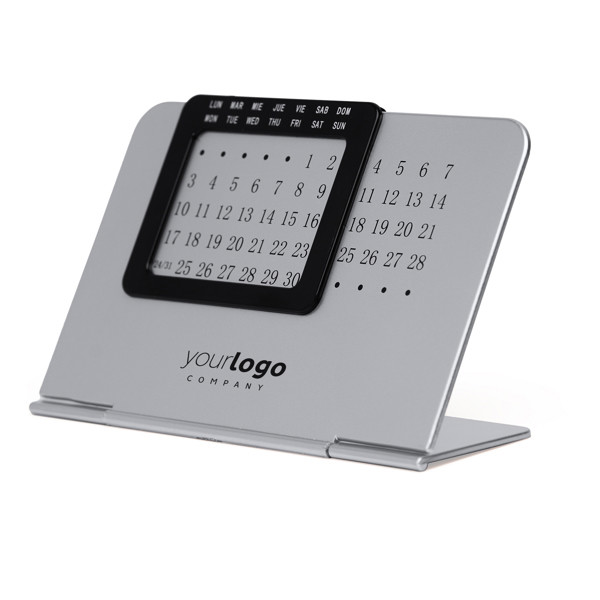 Personalised perpetual desk calendar in metal with silver stand and sliding frame