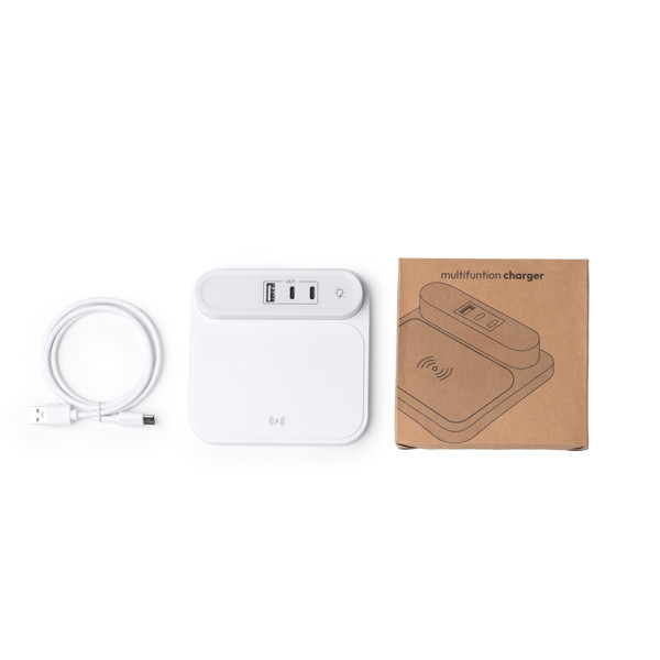 Cargador inalámbrico personalizado 15W con lámpara LED y puertos USB-C y USB-A