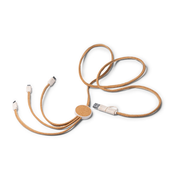 Cable cargador 5 en 1 personalizado de corcho y fibra de trigo 125 cm con conectores Tipo C, Micro USB y Lightning