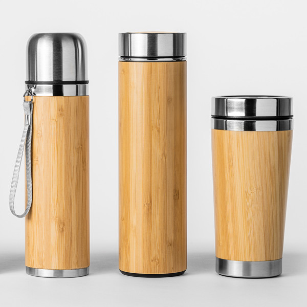 Personalised thermal mug stainless steel and bamboo 500 ml with dosing lid