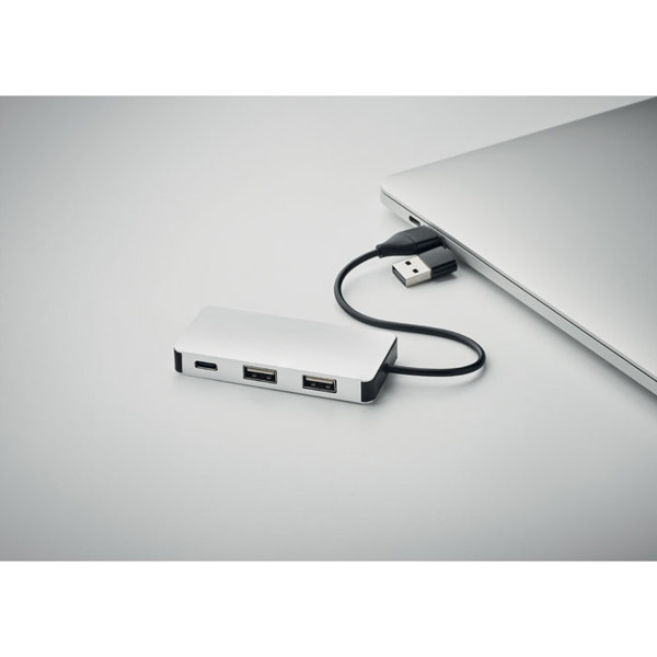 Hub-C USB zvezdišče 3 vrata, recikliran aluminij, 20 cm kabel - Silver