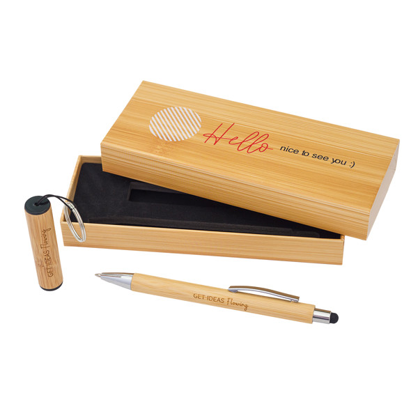 Pelak bamboo pen and torch keychain in a gift box