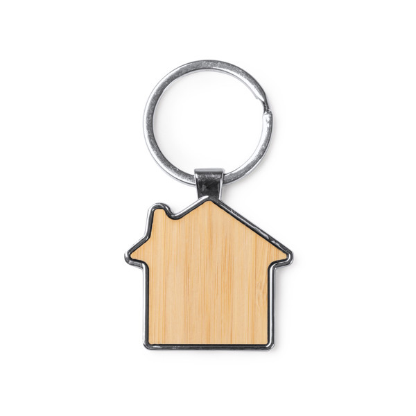 Llavero personalizado de bambú con forma de casa y acabado metálico