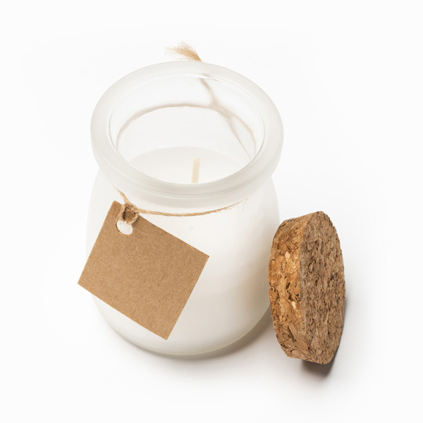 Personalised aromatic candle in glass jar with cork lid
