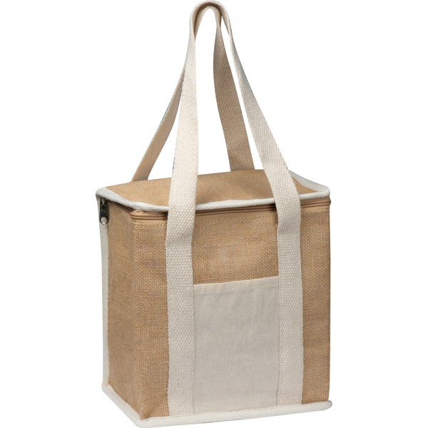 Jute cooler bag with long handles. - Beige