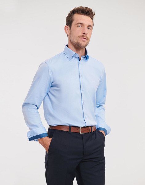 Tailored Contrast Herringbone ShirtLS - White / Silver / Convoy Grey / L