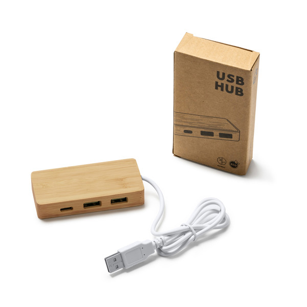 Hub USB personalizado de bambú con 2 puertos USB y 1 puerto tipo C