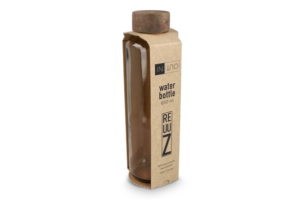 Bouteille d'eau en verre recyclé InSideOut ReuuZ avec bouchon en bois 650 ml - Transparent / Marron