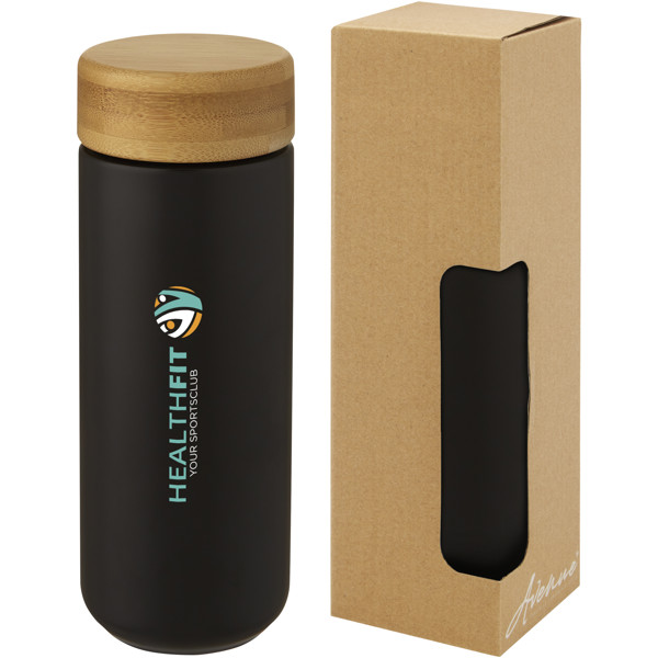Copo térmico de cerâmica de 300 ml com tampa de bambu "Lumi" - Preto liso