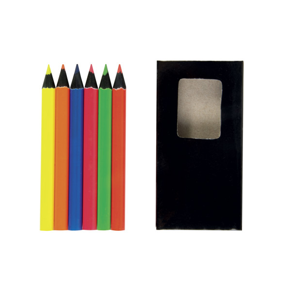 Set Of 6 Fluo Coloured Wooden Pencils, Round Shape, In Cardboard Box