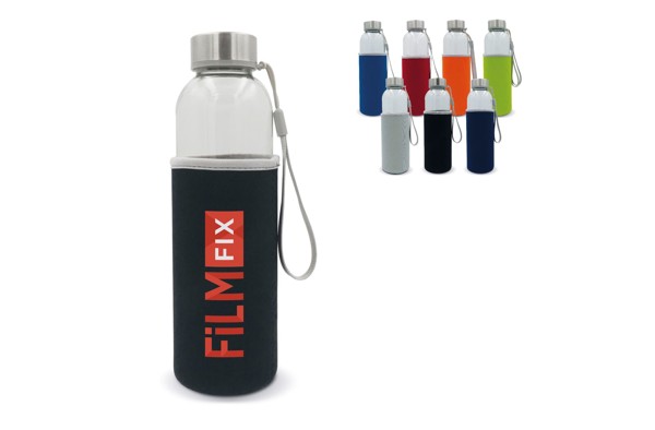 Water bottle glass with sleeve 500ml - Transparent / Light Blue
