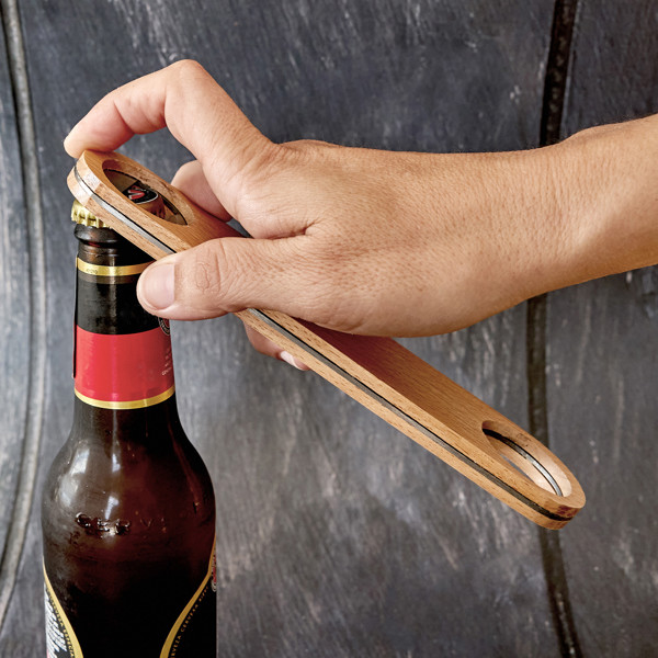 Personalised wooden bottle opener with hanger and stainless steel core