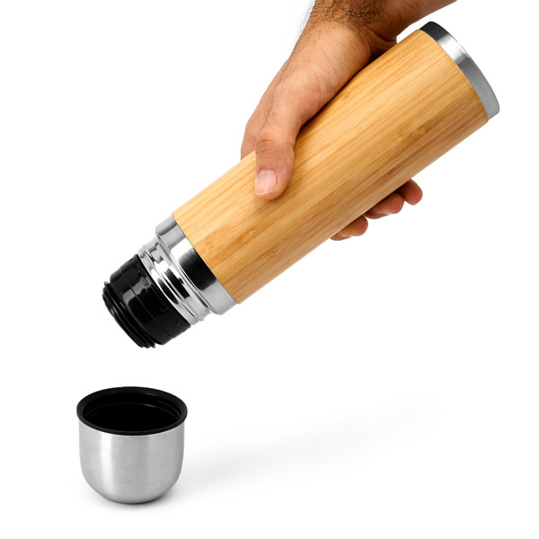 Personalised stainless steel and bamboo thermos 420 ml with cup lid