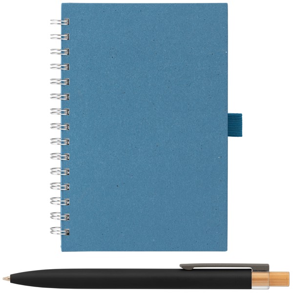 Set carnet Terra A5 à spirales, couverture rigide en carton de lait recyclé & stylo Reborn - Bleu acier / Jet d’encre 4 couleurs