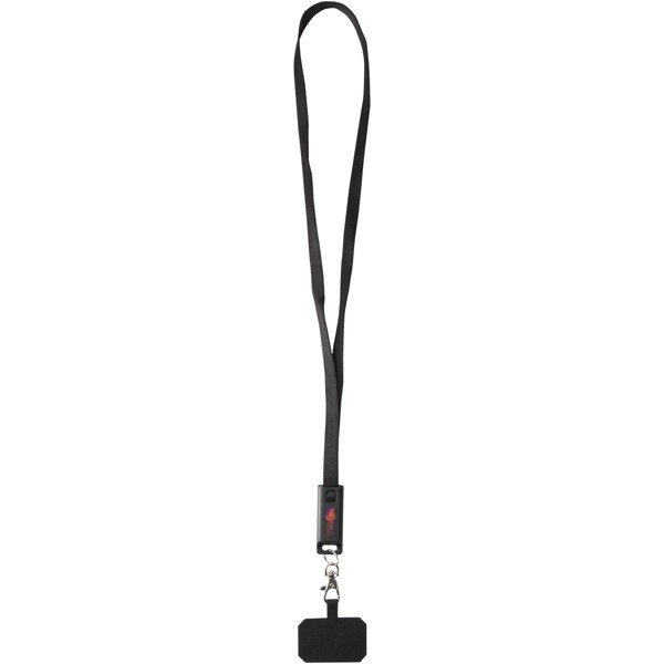 Tour de cou pour smartphone Franz en plastique recyclé avec synchronisation des données intégrée et câble 5 en 1 pour charge rapide de 65 W - Noir