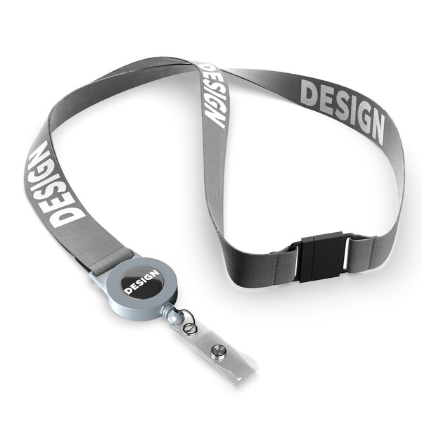 lanyard a bobina per badge in poliestere sublimato - Colore pieno / Grigio medio / 20mm Larghezza / Stacco di sicurezza