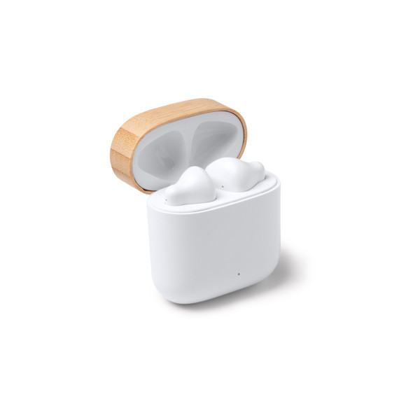 Custom wireless earbuds Bluetooth 5.3 with recycled material and bamboo charging case