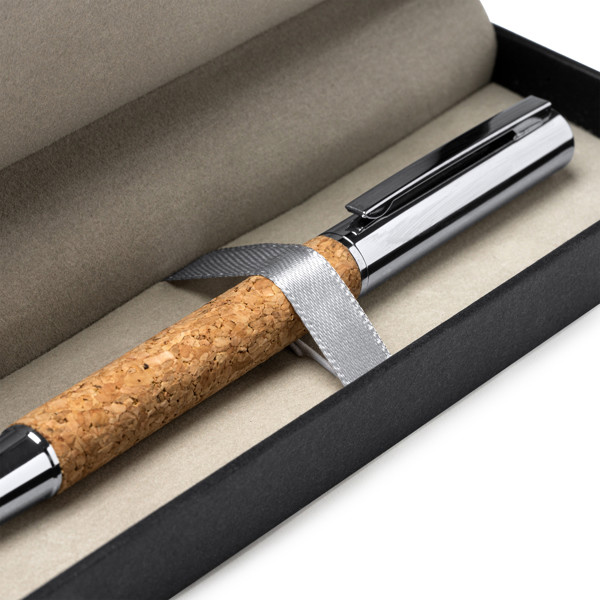 Personalised roller pen set in cork and metal with padded case