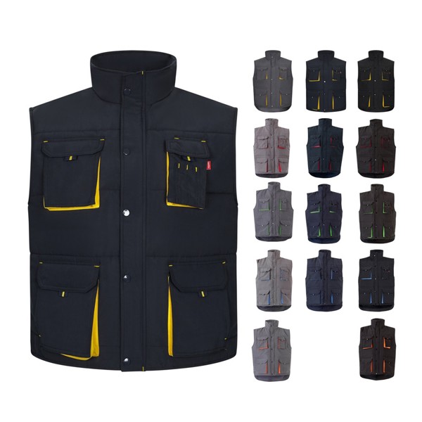 VL NERGAL. Colete acolchoado, bicolor multibolsos (120g/m²), em poliéster (100%) - Cinzento / Laranja / M