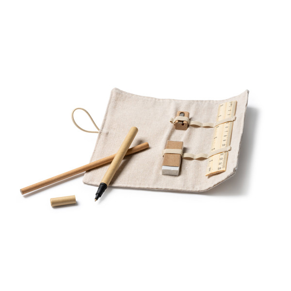 Natural writing set personalised with bamboo ruler, paper pencil and cardboard pen in jute pouch
