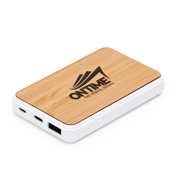 Personalised bamboo and ABS power bank 5000 mAh with dual USB-C port
