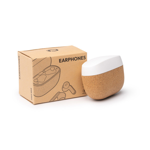 Wireless earbuds personalised in recycled ABS and cork with charging case