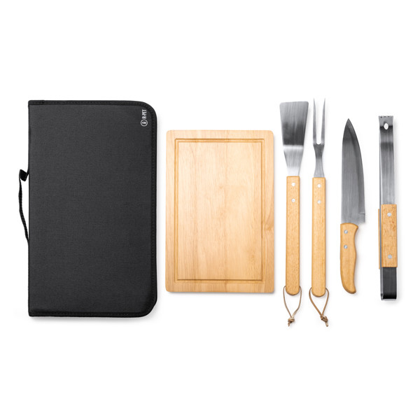 Set de barbacoa personalizado de acero inoxidable y madera con 5 piezas y funda de RPET