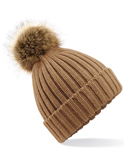 Faux Fur Pop Pom Chunky Beanie - Biscuit / One Size